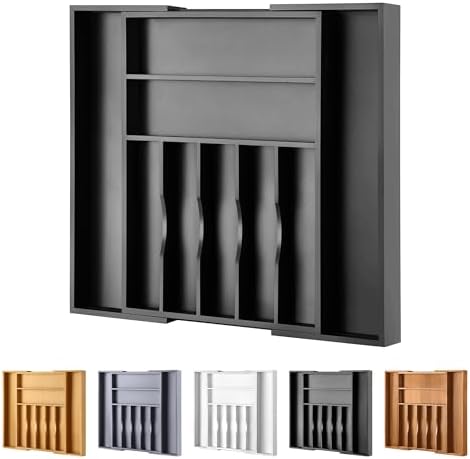 Large Premium Bamboo Silverware Organizer - Expandable Drawer Organizer & Utensil Organizer - 17"x19.7" Cutlery Tray with Dividers for Kitchen Utensils and Flatware (7-9 Slots) (Black) by oridom