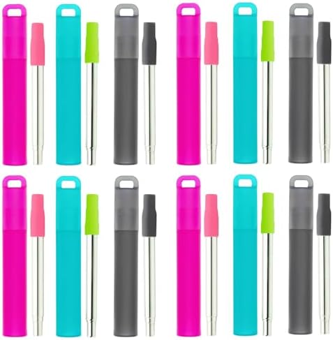 NAIVELY-Reusable Straws 12 Pack Collapsible Metal Straws,Portable Retractable Travel Drinking Straws with Case, Silicone Tips and Cleaning Brush by NAIVELY