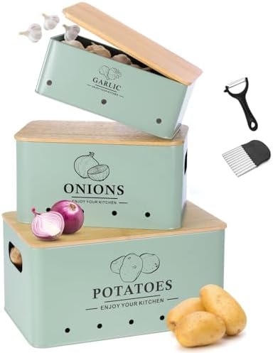 Kitchen Vegetable Storage Set of 3, Metal Onion Garlic Potato Storage Set, Kitchen Canisters Vegetable Keeper Containers with Aerating Holes and Bamboo Lid,Sage Green by Dekosilave