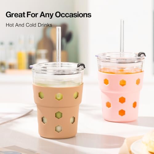 Mrsdry 12oz Iced Coffee Cup with Lids and Straws, BPA Free Reusable Glass Coffee Cups with Silicone Sleeves for Coffee, Iced tea, Thick Wall Glass Cup - Image 6