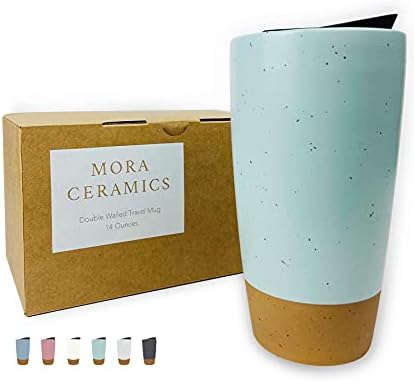 Mora Double Wall Ceramic Coffee Travel Mug with Lid, 14 oz, Portable, Microwave, Dishwasher Safe, Insulated Reusable Tall Cup, Splash Resistant Lid - To Go Tumbler for Car Cup Holder, Seafoam by MORA