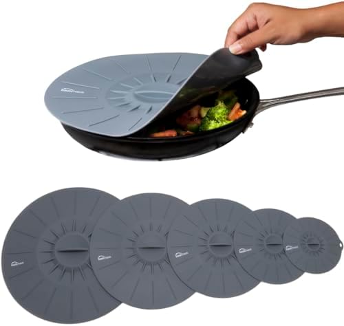 Microwave Cover Silicone Lids - Set of 5: 6, 8, 10, 12 and 13.8 inches - Suction Covers for Pots, Pans, Bowls, Cups, Skillets - Splatter Protection - Easy Food Storage - BPA Free by BasicHaus