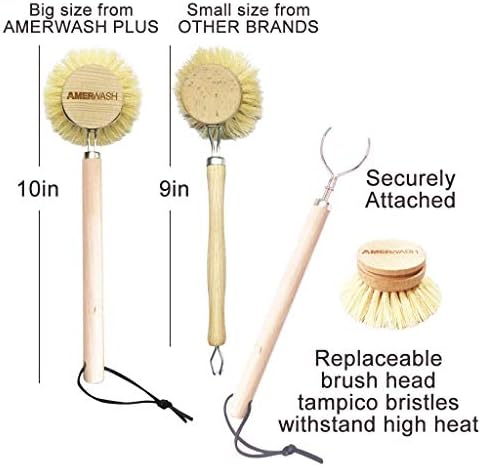 AMERWASH PLUS Dish Brush with Wooden Handle, Natural Kitchen Brush for Dishes Vegetable, Pots and Pans, Tampico Fiber Bristles Scrubber, Extra 3 Pack Replacement Head Included - Image 5