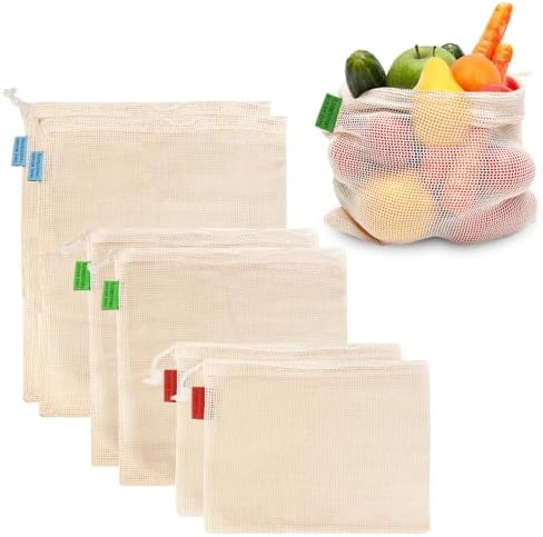 Ycsst Reusable Produce Bags 6 Pack, Cotton Mesh Vegetable Bags for Grocery Shopping, Washable Mesh Produce Bags for Fruits & Vegetables Storage (2S,2M,2L) by Ycsst
