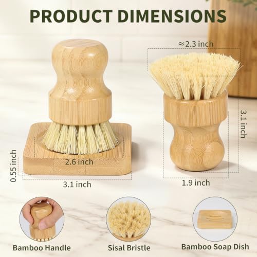 Bamboo Dish Brush Set - 3 Pcs Natural Scrub Brush with Holder, Wooden Dish Scrubber with Sisal Bristle for Cleaning Dishes, Pans and Vegetables - Image 3