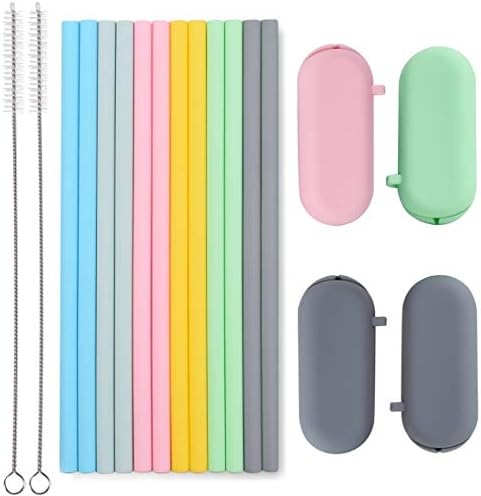 Sunseeke Silicone Straws Reusable - Odorless, 12 Standard Drinking Straws, 4 Carry Pouch, 2 Cleaning Brushes, Certificated Food Grade Platinum Silicone - 8 1/2" Long by Sunseeke