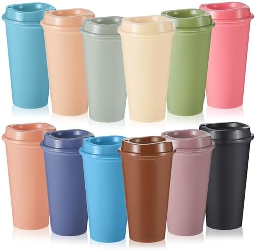 FillTouch 12 Pcs 16 oz Reusable Coffee Cups with Lids, Morandi Colors by FillTouch