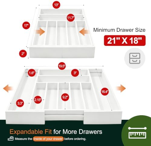 Large Premium Bamboo Silverware Organizer - Expandable Drawer Organizer & Utensil Organizer - 17"x19.7" Cutlery Tray with Dividers for Kitchen Utensils and Flatware (7-9 Slots) (White) - Image 2