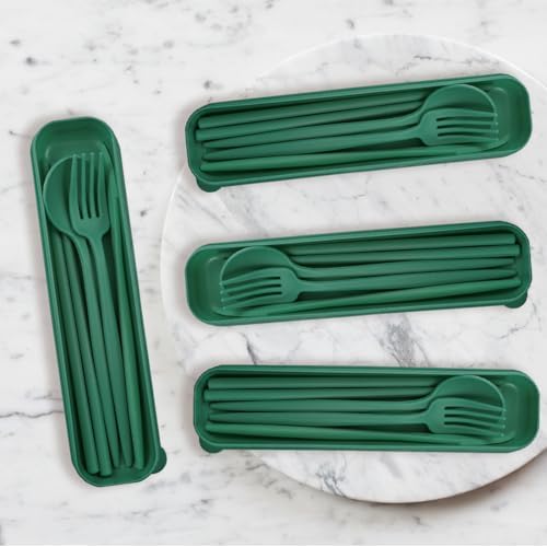 4 Sets Reusable Utensils Set with Case,Camping Cutlery Set Travel Silverware Set with Case Lunch Utensils Set for Work,Utensil Sets for Lunch Picnic Daily Use Outdoor (Darkgreen) - Image 3