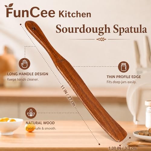 2 Pack Wooden Spurtle for Sourdough Starter, Mixing, Reaching Bottom of Jar, Dough Whisk, Long Handle Jar Spatula, Spurtles Kitchen Tools Teak Wood Kitchen Utensils kit for Baking, Cooking - Image 5