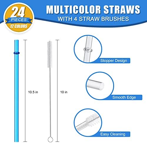24 PCS, Reusable Straws with 4 Brushes, 10.5" Long Tritan Hard Plastic Straws, 12 Colors Translucent Replacement Drinking for 16OZ-32 OZ Tumblers, Cups, Jars, Stanley, YETI, Starbucks, BPA Free - Image 3