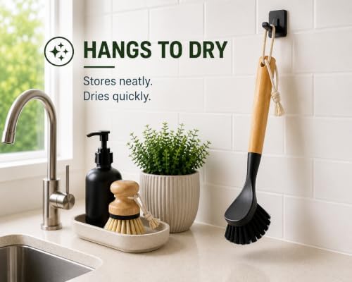 Kitchen Simple Bamboo Dish Brush with Built-in Scraper, 2 Pack Kitchen Brushes, Dense Black Bristles, Comfortable Grip, Hanging Rope, Scrub Brush for Pots, Pans, Dishes & Sink - Image 7