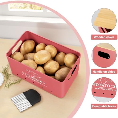 Kitchen Vegetable Storage Set of 3, Metal Onion Garlic Potato Storage Set, Kitchen Canisters Vegetable Keeper Containers with Aerating Holes and Bamboo Lid,Coral Red - Image 3