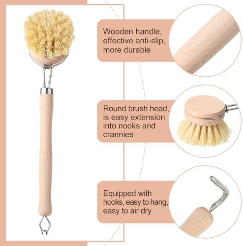 Maxdot 10 Pcs Kitchen Dish Brush with Beechwood Handle Natural Wooden Handle Scrub Brush Fiber Bristles Dish Scrub 2 Inch Replacement Head for Pots Pans Utensils Washing Supplies - Image 3