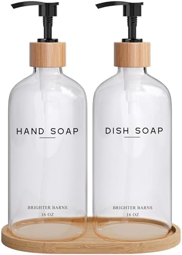 Clear Glass Hand and Dish Soap Dispenser Set by Brighter Barns - Kitchen Soap Dispenser Set with Bamboo Tray - Modern Kitchen Decor, Minimalist Decor (Clear) by BrighterBarns