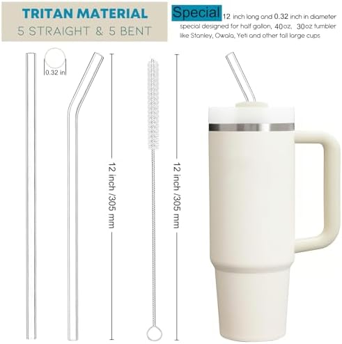 ALINK 10 Pcs Replacement Straws for Stanley 40 oz 30 oz Tumbler, 12 inch Long Reusable Tritan Plastic Clear Tumbler Straws for Stanley Cup, Owala 40 oz, Yeti 42 oz Accessories with Brush - Image 2