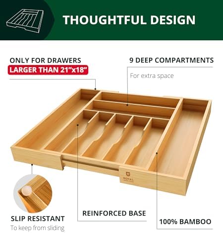 ROYAL CRAFT WOOD Luxury Bamboo Kitchen Drawer Organizer - Silverware Organizer, Utensil Holder & Cutlery Tray Drawer Dividers for Flatware (9 Slot, Natural) - Image 5