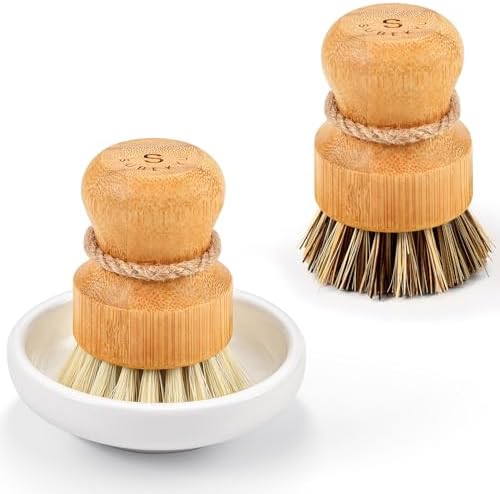 SUBEKYU Bamboo Dish Scrub Brush,Produce Brush,2 Pack with Ceramic Holder by SUBEKYU