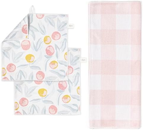 ELYN Microfiber Kitchen Dish Towel & Dish Cloth Set, Quick-Dry & Absorbent Waffle Weave Cleaning Cloths, Set of One Kitchen Towel & Two Washcloths, Paper Towels Alternative (Oranges & Gingham) by ELYN