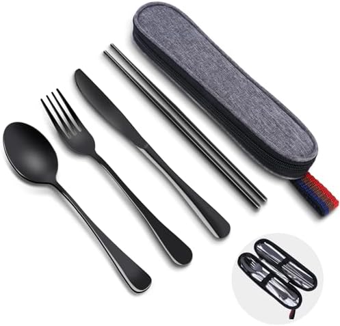 5 Piece Travel Utensils Set With Case, Stainless Steel, Black by Unknown