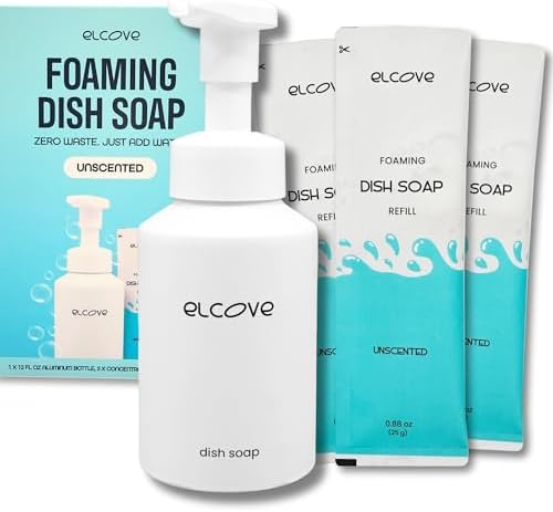 Eco Friendly Foaming Dish Soap Starter Set, Reusable Aluminum Soap Dispenser, 3 Zero Waste, Non Toxic, Concentrated Powder Refills Make 3x12oz (36 oz Total) of Foaming Dish Detergent (Unscented) by Elcove