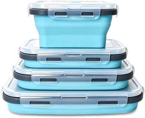 Collapsible Silicone Food Storage Containers 4 Set Airtight Leak Proof Food Containers with Lids Stackable Meal Prep for Microwave Freezer Dishwasher for Kitchen Camping Office Blue by Unknown