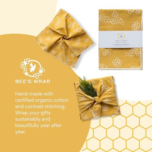 Bee's Wrap Furoshiki Gift Wrap, 4 Pack - Mustard Honeycomb - Image 5