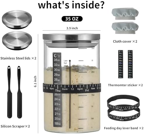 Wissy&Konny Sourdough Starter Jar,2PACK 35OZ Wide Mouth with Ounce Scale line,Date Marked Feeding Band, Thermometer, Sourdough Jar Scraper, Cloth Cover & Stainless Steel Lid Sourdough Starter Kit - Image 6
