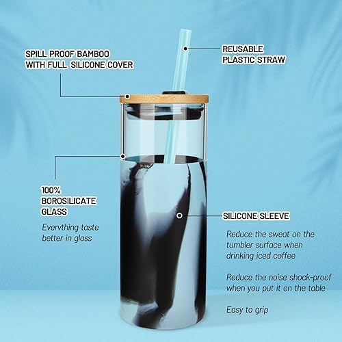 Tronco 20 oz Glass Tumbler with Lids and Straws, Reusable Iced Coffee Cups - Image 3