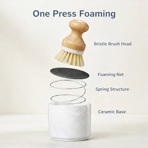 ONEMORE Bamboo Dish Brush with Ceramic Foaming Base, Kitchen Sink Scrub Brush Set with Spring and Mesh Insert, Wooden Handle Dishwashing Brush for Pots Pans Plates Bowls, Marble - Image 5