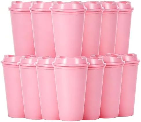 16oz Reusable Plastic Coffee Cups with Lids, 13 Pack, Pink by Ankeli%26Lt