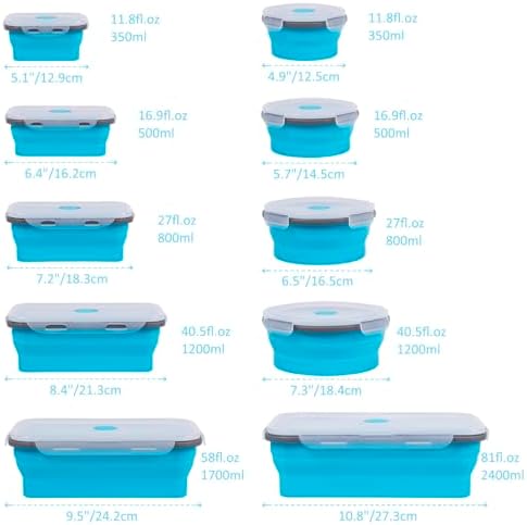 Collapsible Food Storage Containers with Lids 10 Pack(81oz/58oz Extra Large Included), 6 Rectangular+4 Round, Annaklin Silicone Collapsible Food Containers Sets Microwave Freezer Dishwasher Safe, Blue - Image 6