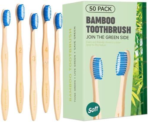 Bamboo Toothbrushes, Natural Plastic Free Toothbrush 50 Pack by BlueForestEra