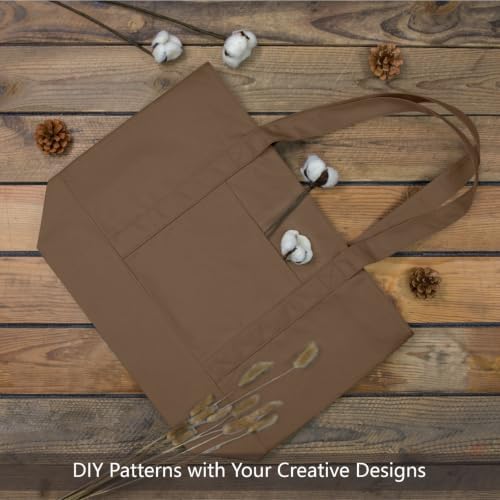 TOPDesign 6-Pack Canvas Tote Bags with an External Pocket, Reusable Grocery Shopping Bags, Top Zipper Closure, Daily Essentials (Brown) - Image 4