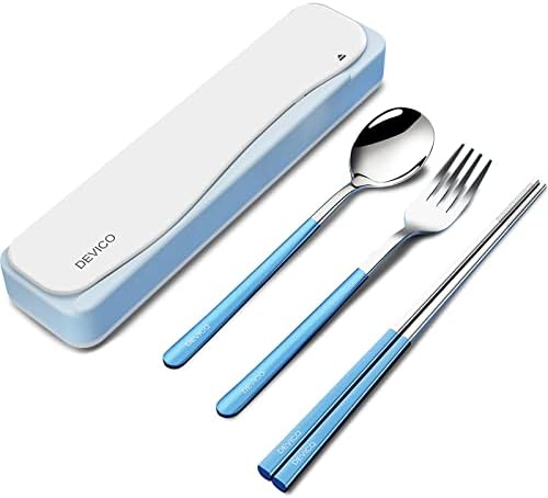 DEVICO Travel Utensils with Case, 4Pcs Portable Silverware Set for Work, 18/8 Stainless Steel Reusable Cutlery, Korean Spoon and Chopsticks Fork for Camping, School, Lunch Box Accessories (Blue) by DEVICO