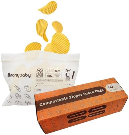 Moonybaby Compostable Snack Size Food Storage Bags (60 Count), Organic Food Storage Container with Food-Safe Zip Seal, Freezer and Leak Proof by Moonybabymonitor