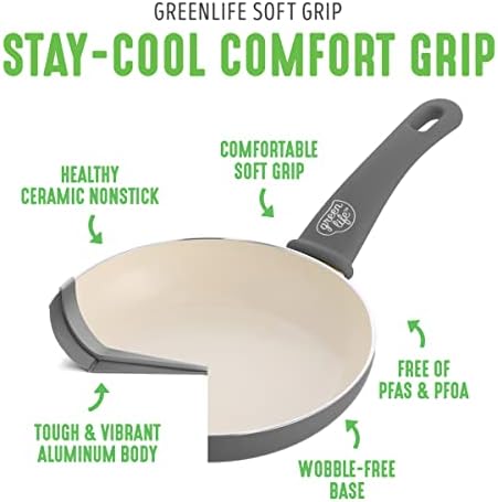 GreenLife Soft Grip Healthy Ceramic Nonstick 18 Piece Kitchen Cookware Pots and Frying Sauce Saute Pans Set, PFAS-Free with Kitchen Utensils and Lid, Dishwasher Safe, Gray - Image 4