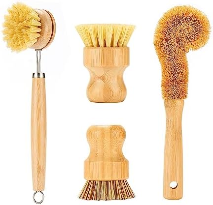 SAMEBUTECO Bamboo Dish Brushes Sets 4 Tools in One Kitchen Clean Dish Scrubber for Pots Pans Bottles with Natural Bristles (Bamboo Brushes Sets) by HOME
