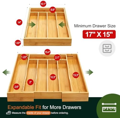 2-Piece Bamboo Silverware Organizer, Expandable Kitchen Drawer Organizer for Cutlery and Utensils, Multifunction Adjustable Bamboo Wood Cutlery Tray in Drawer for Flatware, (Natural) - Image 2