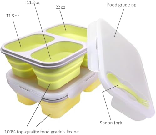 2 Pack Big Collapsible Silicone Bento Lunch Boxes With Lids spoons forks,3 Compartments, Divided Lunch Food Storage Containers, Safe in Microwave, Dishwasher and Freezer, 45.6oz (Yellow+Green) - Image 3