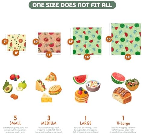 Akeeko Reusable Beeswax Food Wraps - Assorted 9 Packs, Reusable, Plastic-Free Food Storage, 5 Small, 2 Medium, 1 Large, 1 Extra Large Wraps with Cute Fruits Pattern - Image 2
