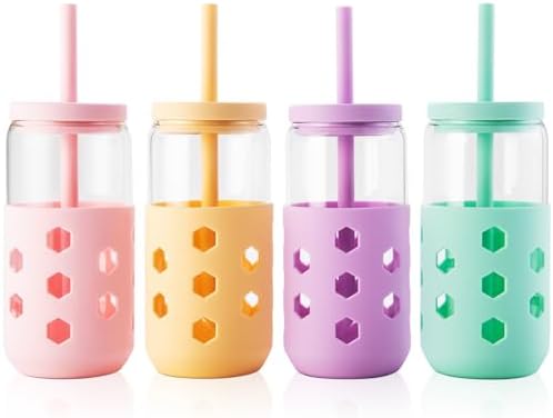 Mrsdry 16 oz Glass Cups with Lids and Straws for Gift, 4-Pack, Mint by Mrsdry