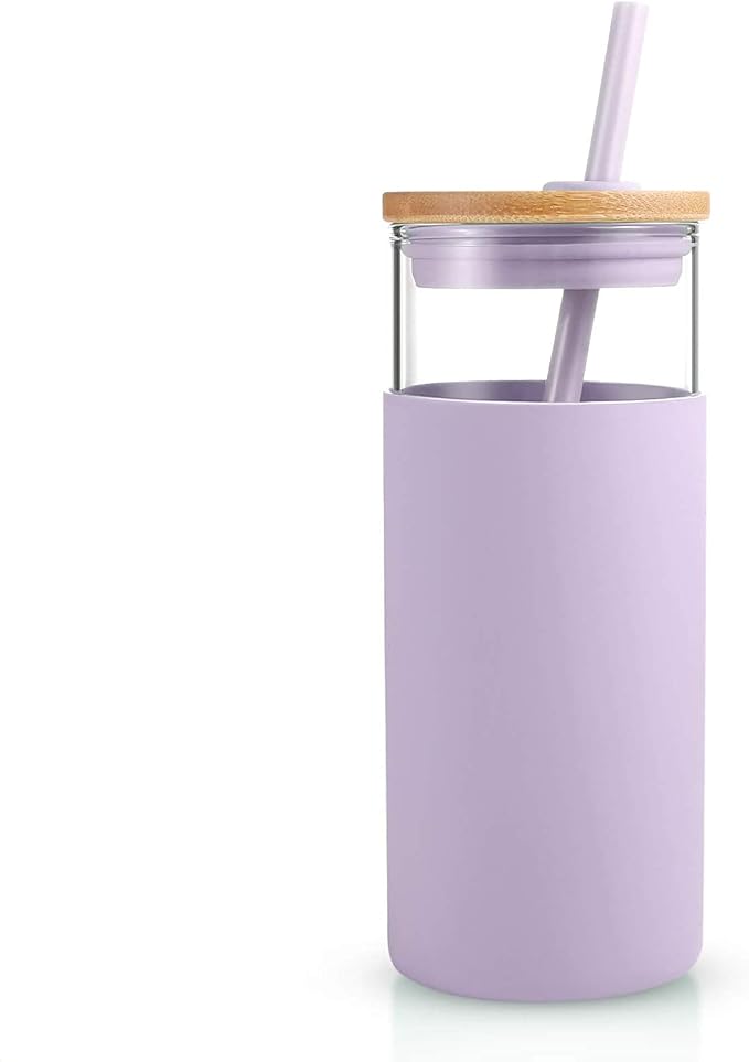 Tronco 20 oz Glass Tumbler with Lid and Straw, Iced Coffee Cup and Smoothie Cup with Bamboo Lids & Protective Silicone Sleeve, Dishwasher Safe, BPA-Free, Glass Cup 1 Pack