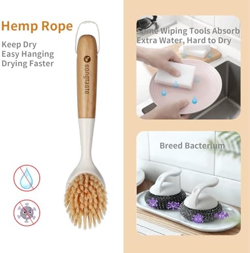 2 Pack Kitchen Dish Brush Bamboo Handle Dish Scrubber Built-in Scraper - Image 2