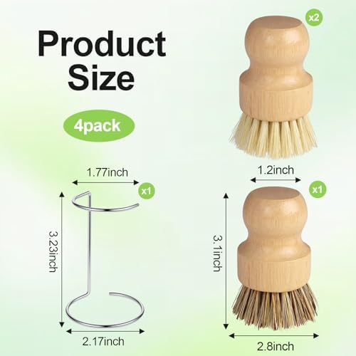 Bamboo Dish Brush Set with Holder, 2 Sisal & 1 Palm Scrub Brush - Image 2