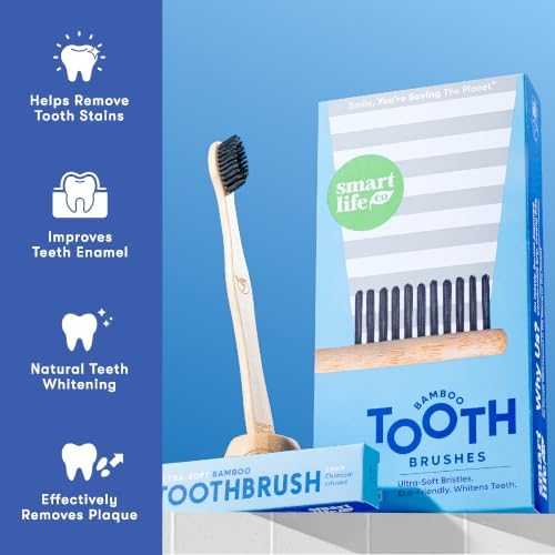 SmartLifeco Charcoal Bamboo Toothbrushes - Extra Soft Natural Bristles for Adults & Kids Teeth | Zero Waste Bulk Wooden Tooth Brush Travel Kit | BPA Free, Eco-Friendly, Vegan - (12 Pack) - Image 3