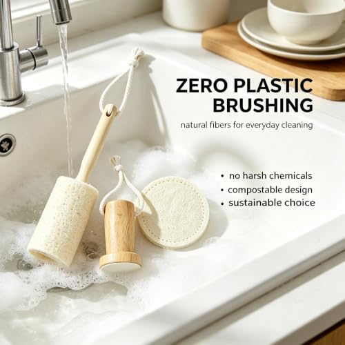 Queran Loofah Dish Brush Set with Wooden Handle, Long & Short Wooden Handle loofah Scrubber Set, 100% Natural Plant Fiber Without Chemicals. Easily removes Grease & Burnt Stains - Image 2