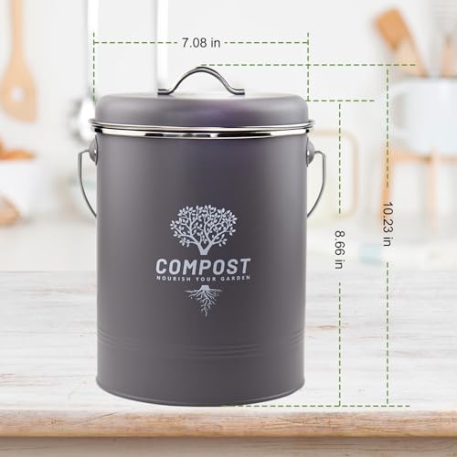 Kitchen Countertop Compost Bin, Odor Resistant Indoor Compost Bin with Lid and Charcoal Filter, Rust Resistant Coated Compost Bucket, Compost Container, Gray - Image 2