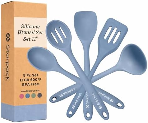 Starpack Stir and Serve Silicone Cooking Utensils Set (5-Piece, 11") - LFGB Non Toxic, 600°F Heat Resistant, BPA-Free - One-Piece Seamless, Dishwasher Safe - for Nonstick Cookware, Light Blue by StarpackHome