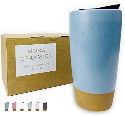 Mora Double Wall Ceramic Coffee Travel Mug with Lid, 14 oz, Portable, Microwave, Dishwasher Safe, Insulated Reusable Tall Cup, Splash Resistant Lid - To Go Tumbler for Car Cup Holder, Dusty Blue by MORA